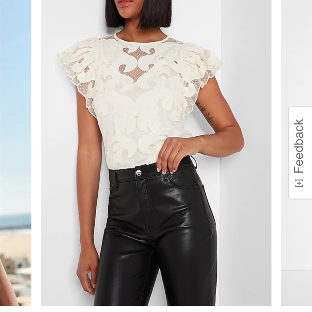 Sheer Lace Short Ruffle Sleeve Top - Express - Picture 2 of 4